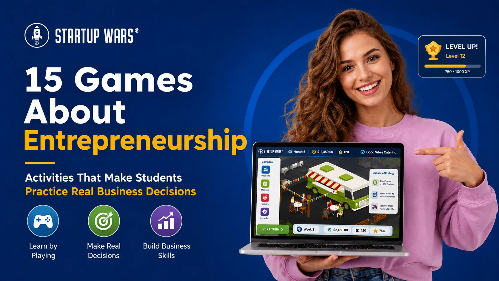 Presenter holding a laptop with a Startup Wars food truck simulation and icons for learning, decision-making, and business skills.