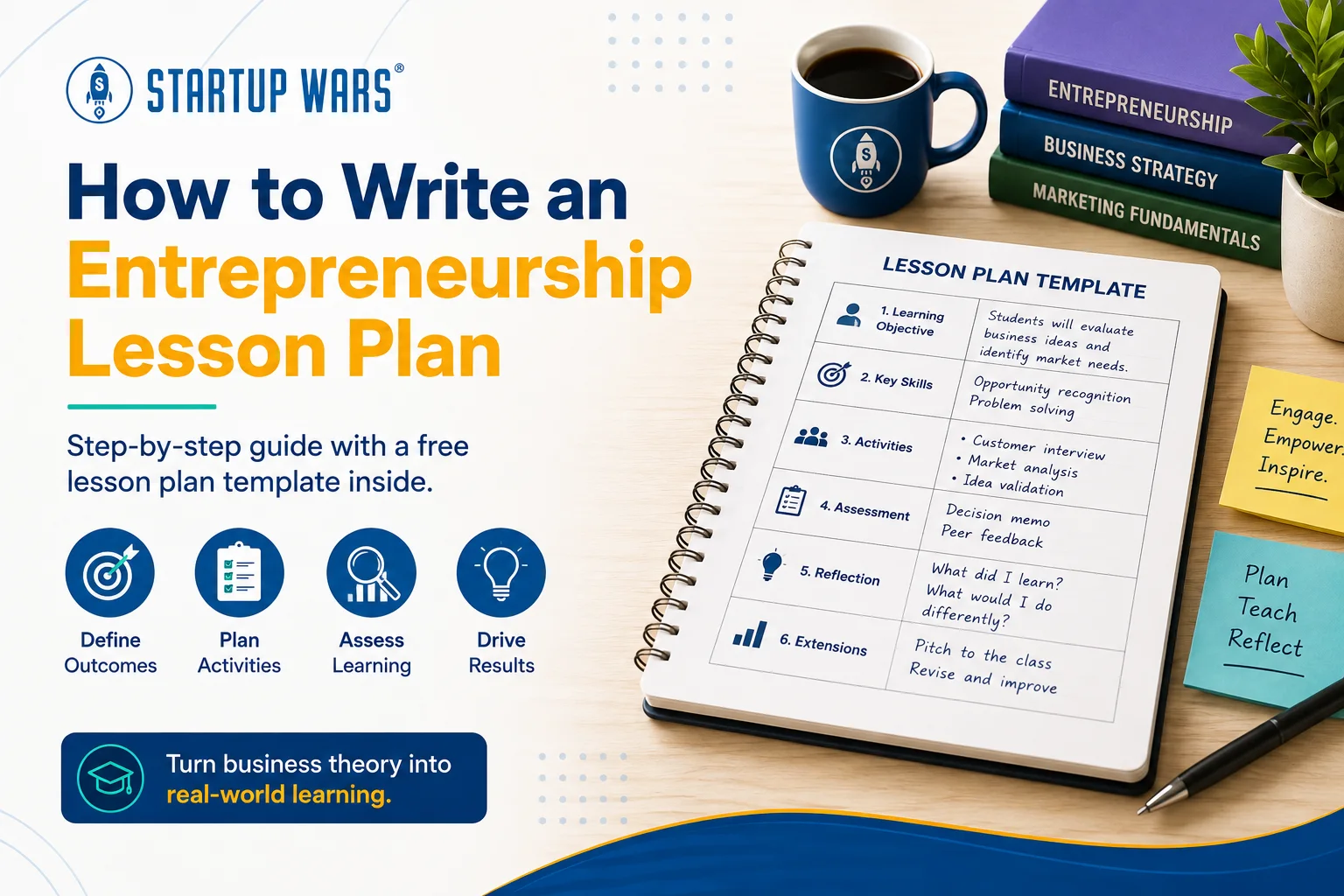 Startup Wars lesson plan template notebook showing learning objective, key skills, activities, assessment, reflection, and extensions, with icons for defining outcomes, planning activities, assessing learning, and driving results.