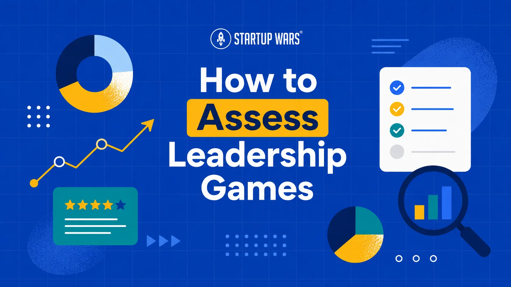 Leadership-game assessment graphic showing ratings, checklists, and performance analysis.