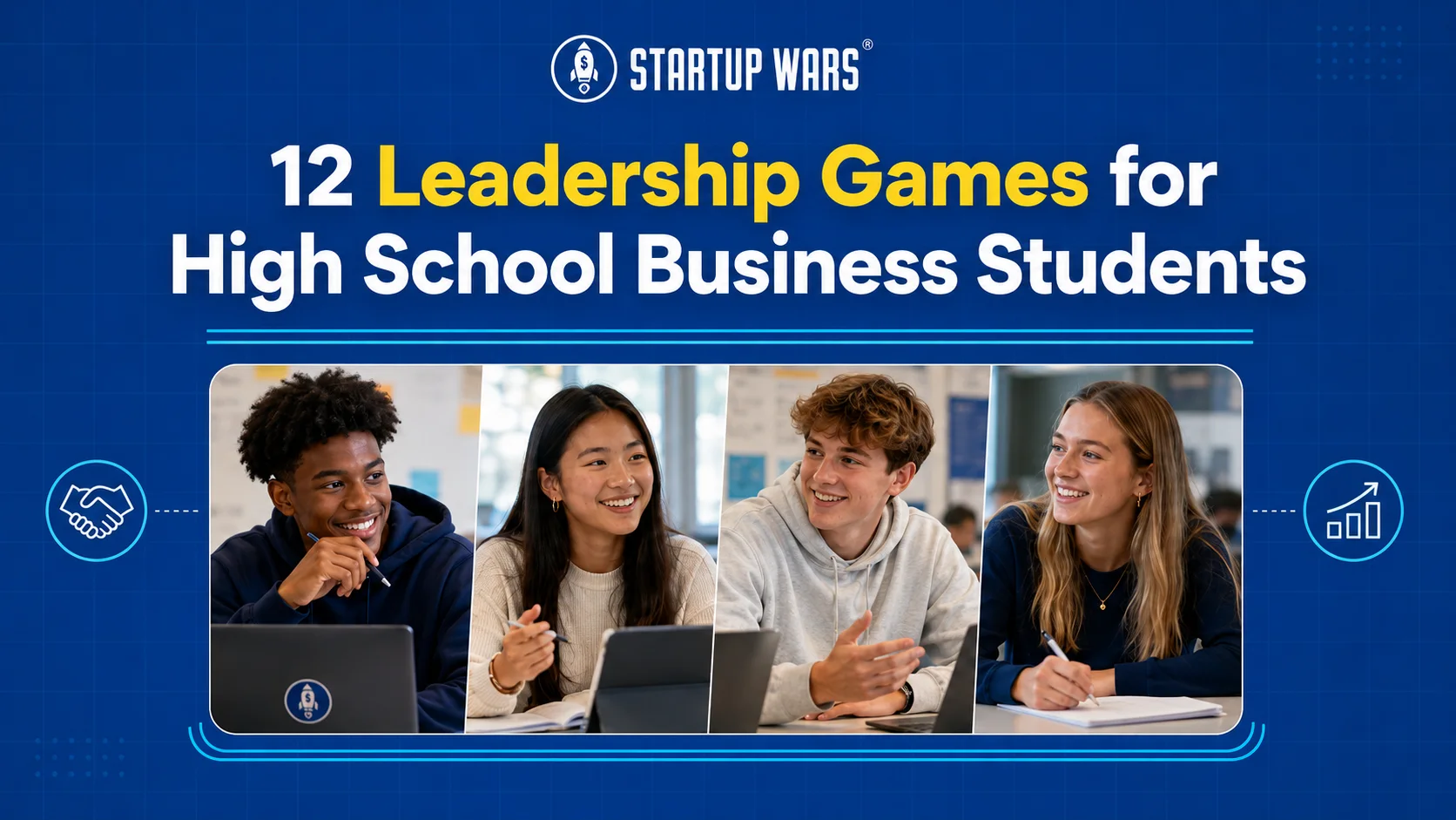 High school business students discussing leadership and decision-making during a classroom activity.