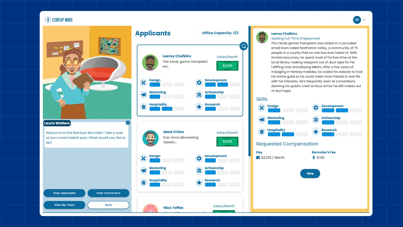 Startup Wars hiring screen showing applicants, skills, salaries, recruiter fees, and office capacity.