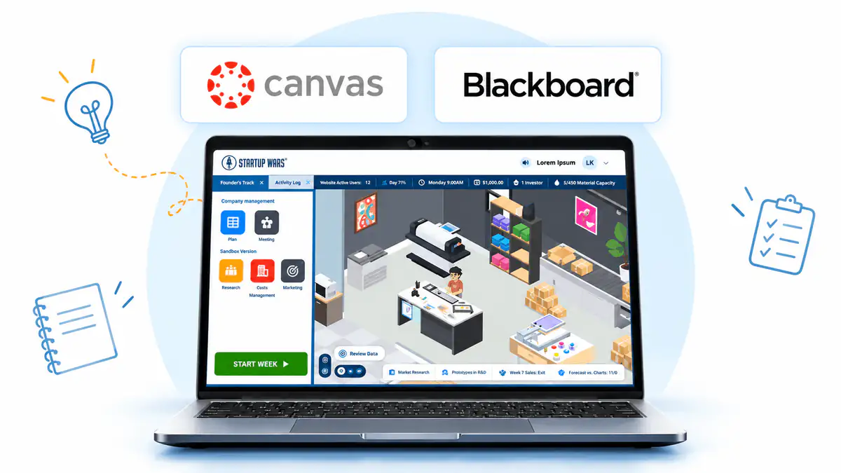 Canvas and Blackboard connected to a Startup Wars business simulation course on a laptop.