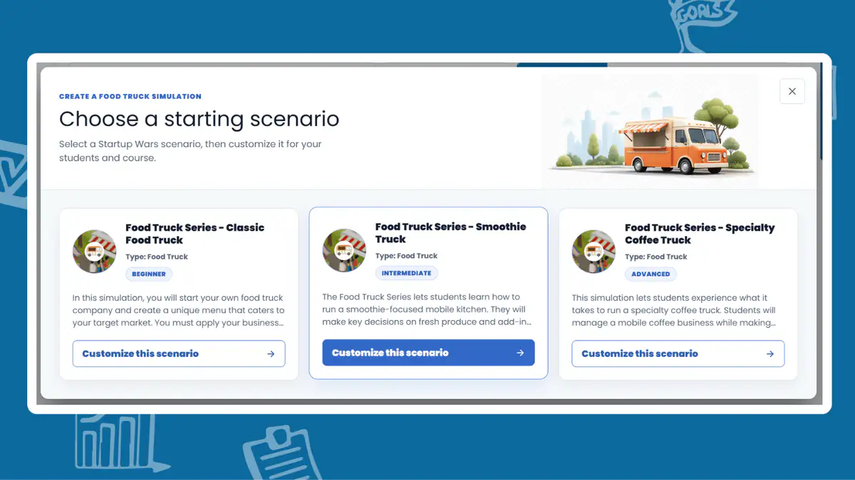 Startup Wars Food Truck Series scenario selector showing Classic Food Truck, Smoothie Truck, and Specialty Coffee Truck options.