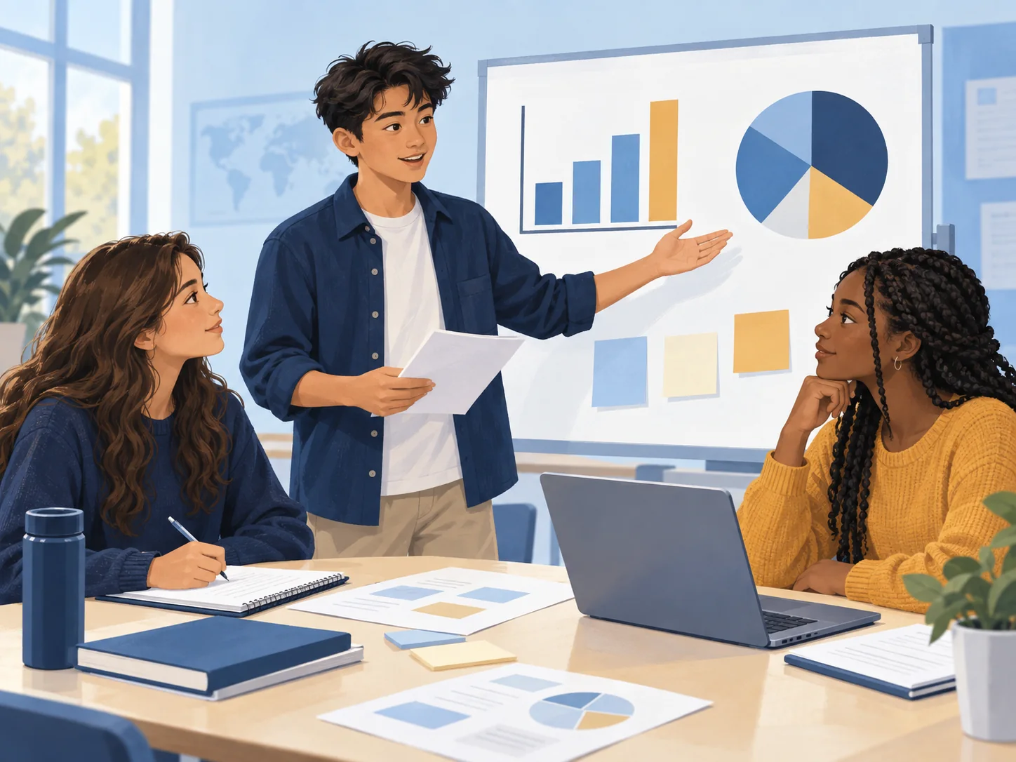 Illustration of high-school students preparing a business pitch with charts, notes and a laptop.