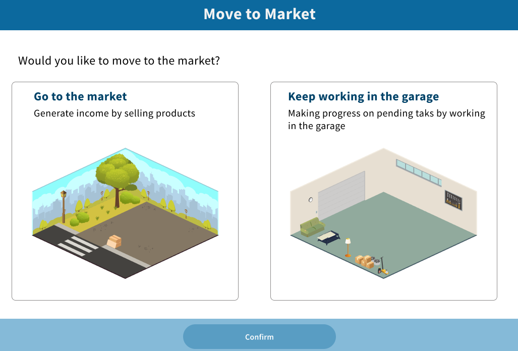 Screenshot from the Startup Wars business simulation game, focusing on a decision-making screen where players choose between 'Go to the market' to generate income by selling products or 'Keep working in the garage' to progress on tasks. The game simulates entrepreneurship scenarios, including vertical farming and other business strategies.