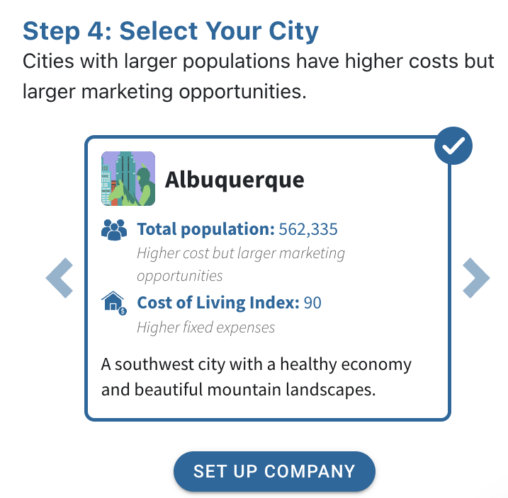 "Screenshot from Startup Wars business simulation game showing the selection of a Limited Liability Company (LLC) with a 15% tax rate and the option to choose Albuquerque as a city, highlighting its population, cost of living index, and marketing opportunities. The game simulates entrepreneurship scenarios including business formation and strategic city selection.