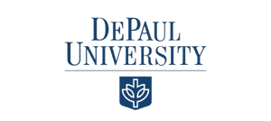 DePaul University logo with bold blue text and a shield emblem featuring a cross and leaf symbol.