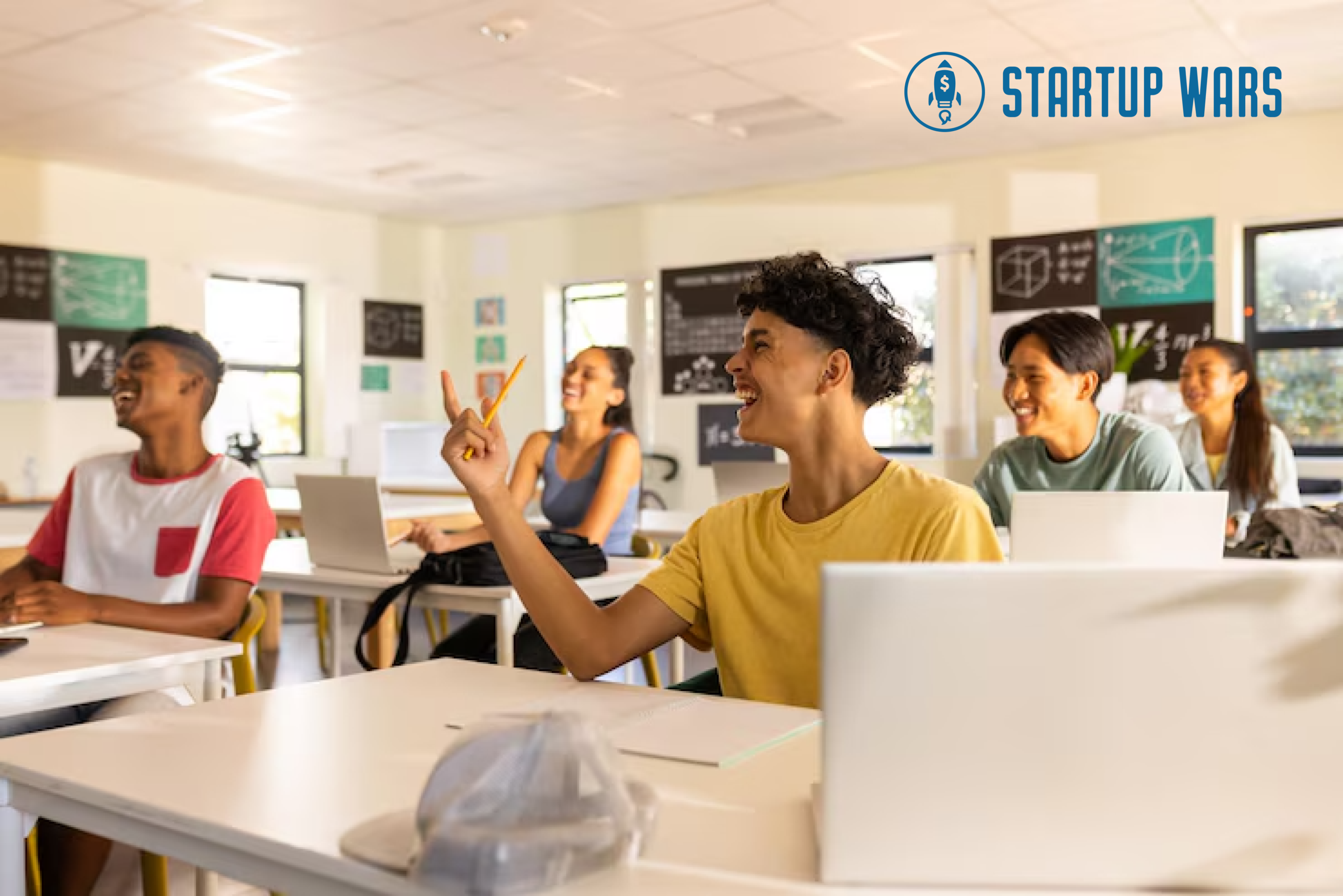 A high school teacher leading an interactive classroom where students use tablets or laptops to engage with gamified simulations. The image highlights modern approaches to preventing cheating, such as integrating technology and fostering a culture of academic integrity.