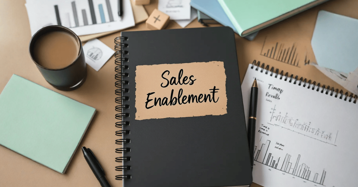 A black spiral-bound notebook with a beige torn-paper label reading "Sales Enablement" in elegant black script sits on a cluttered desk. Surrounding it are various office supplies, including a cup of coffee, a black pen, a mint-green notebook, and sheets of paper with hand-drawn sales graphs and charts. The scene has a professional yet creative feel, emphasizing sales skills, business growth, revenue strategy, and startup success. This represents key concepts related to Startup Wars, business simulation, entrepreneurship, and sales enablement strategies for startups and professionals.