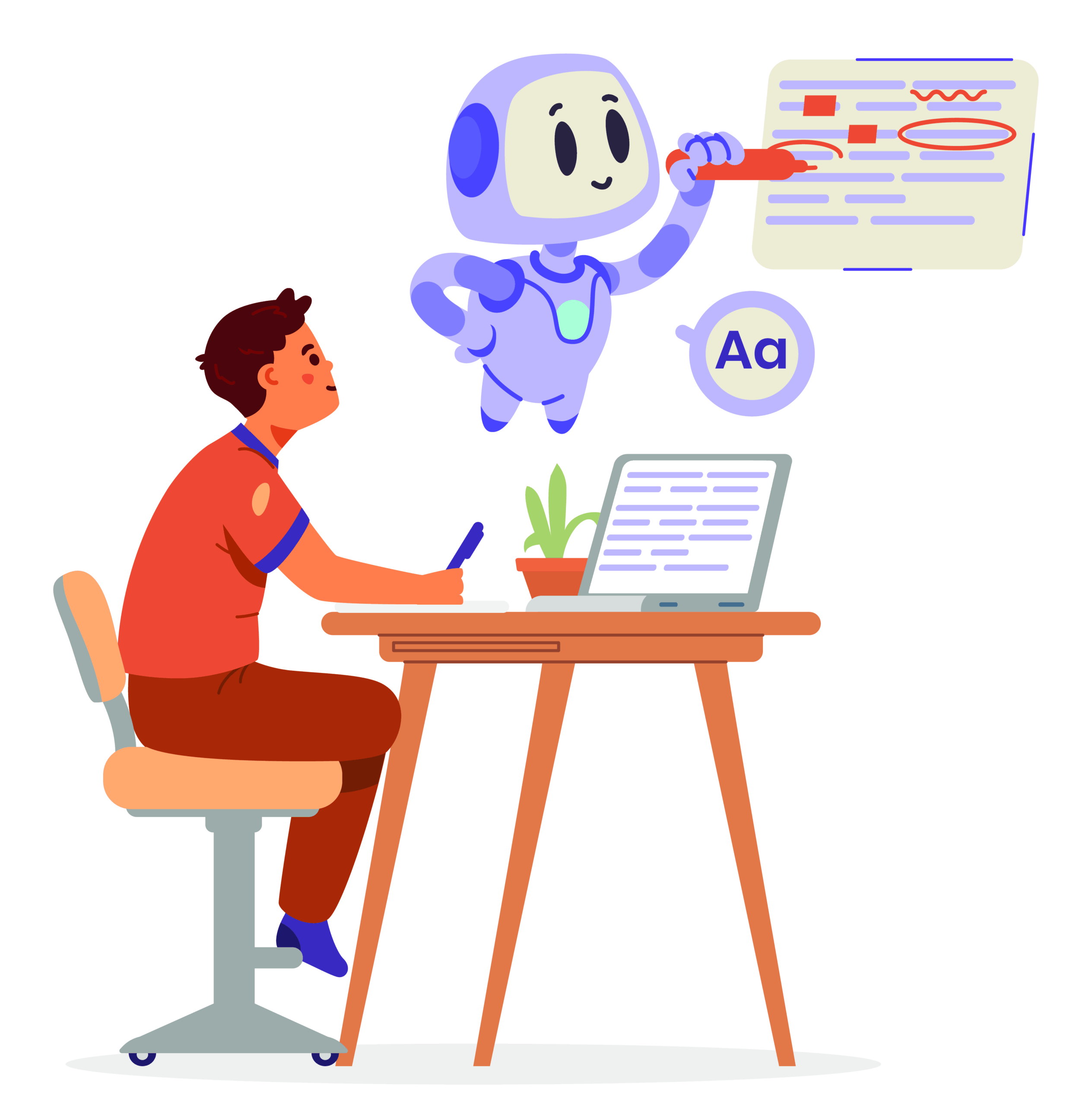 Illustration of a student writing at a desk while an AI assistant robot helps with editing text on a laptop, symbolizing ChatGPT 5 release, AI news, AI for education, and the latest ChatGPT update