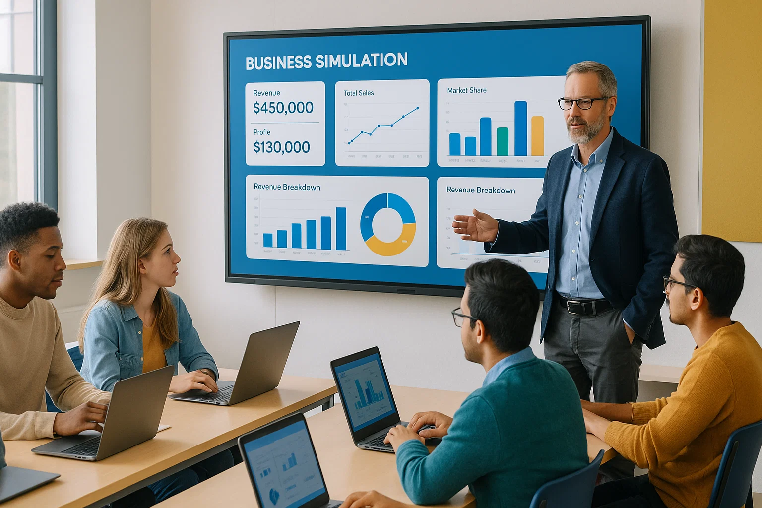 Educator teaching business process simulation.