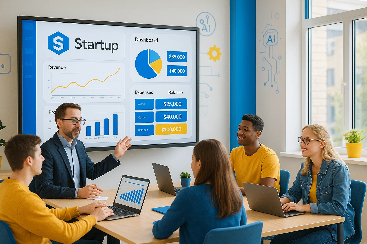 Educator teaching business simulation class.