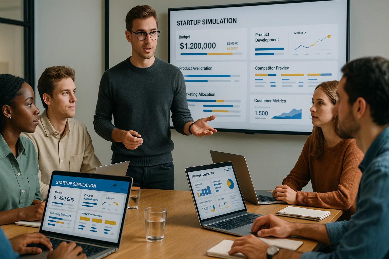 Students running entrepreneurship simulation