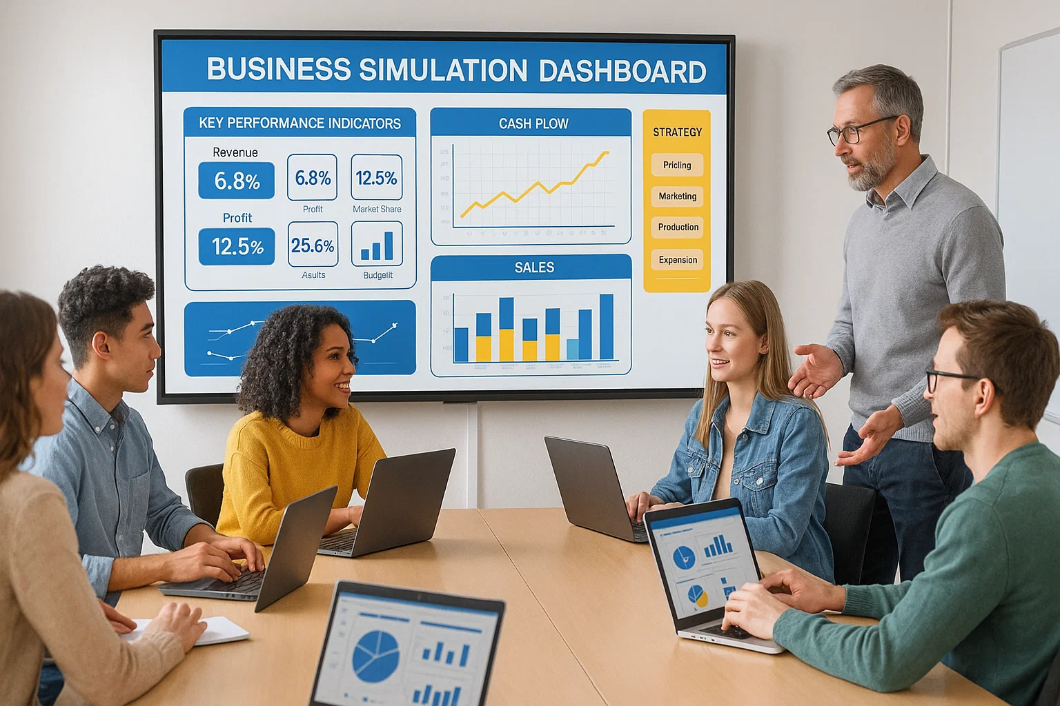 Students using business simulation dashboard