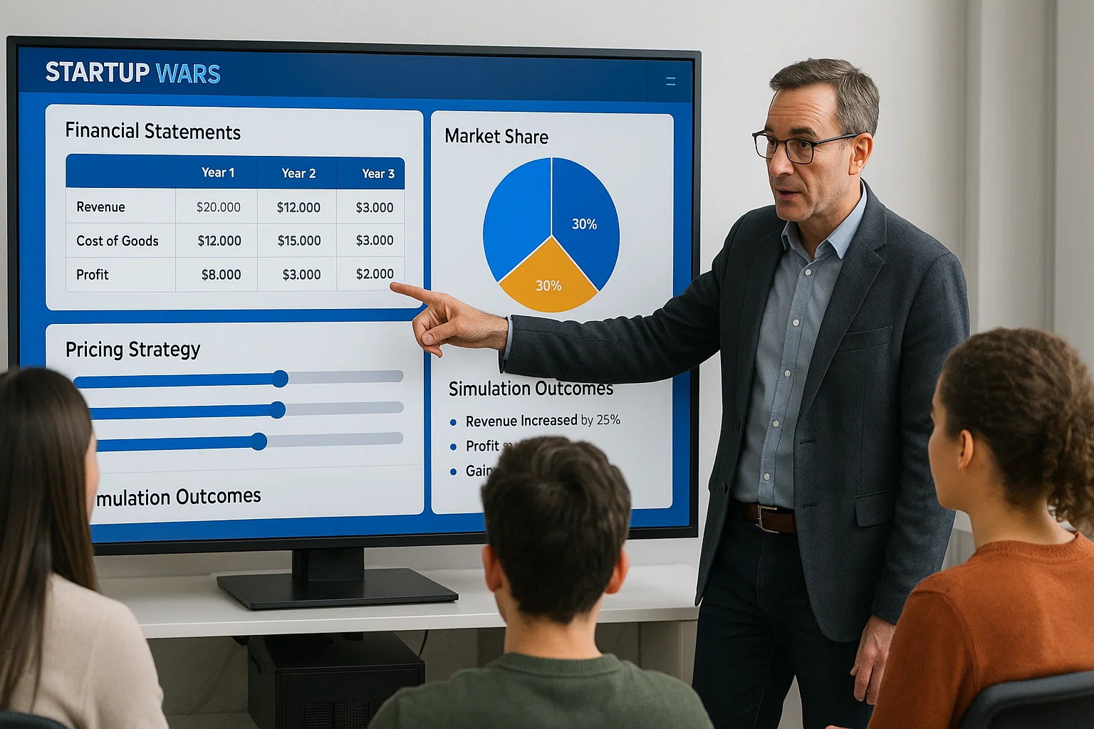 Professor reviewing business simulator analytics
