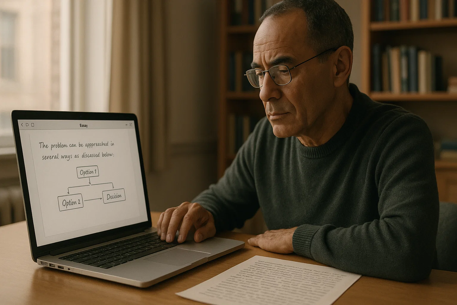 educator reviewing student reasoning calmly - AI assessment