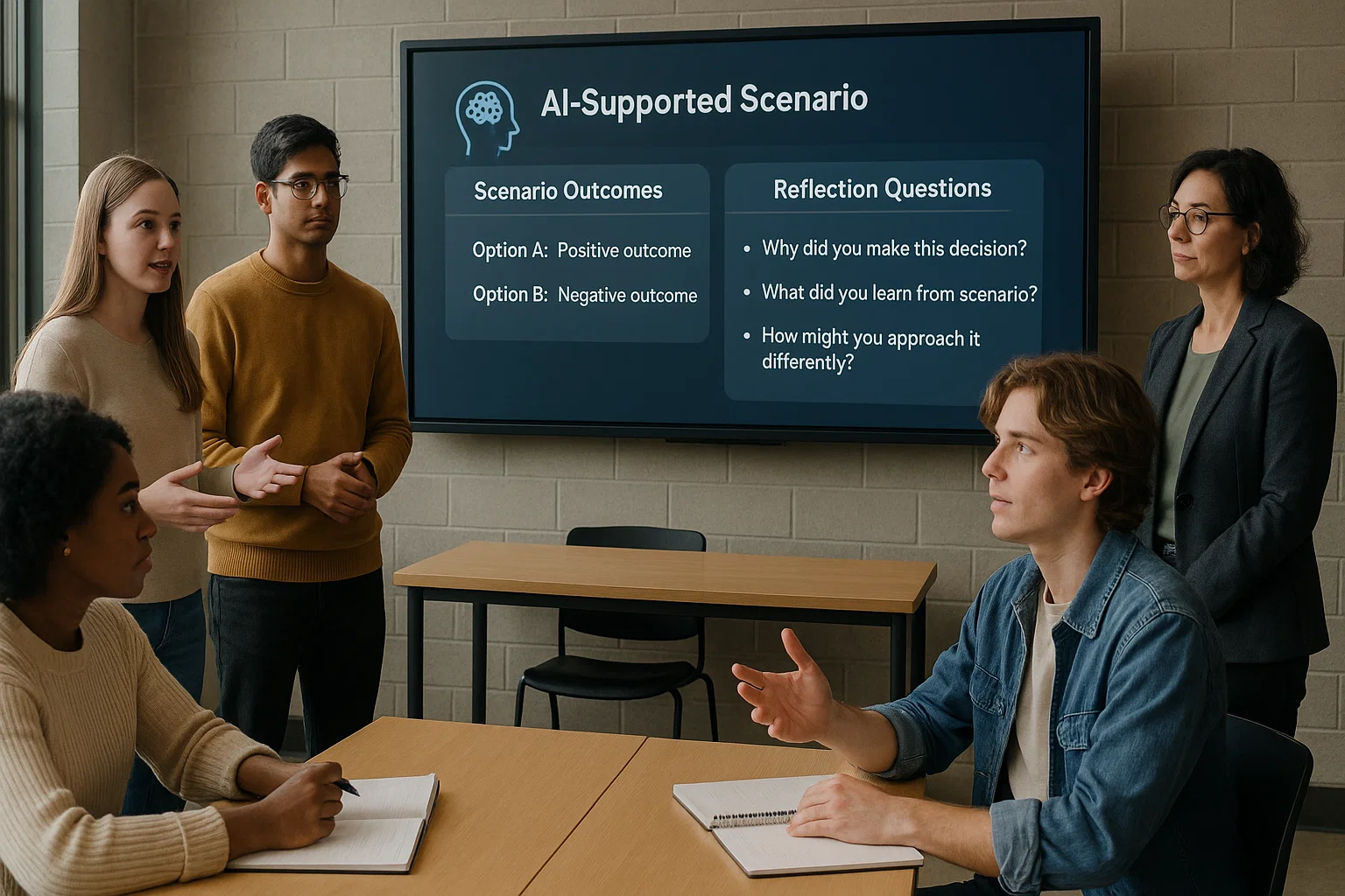 students explaining decisions to peers