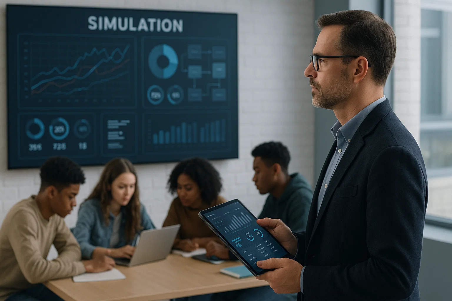 educator guiding simulation strategy analysis - immersive learning