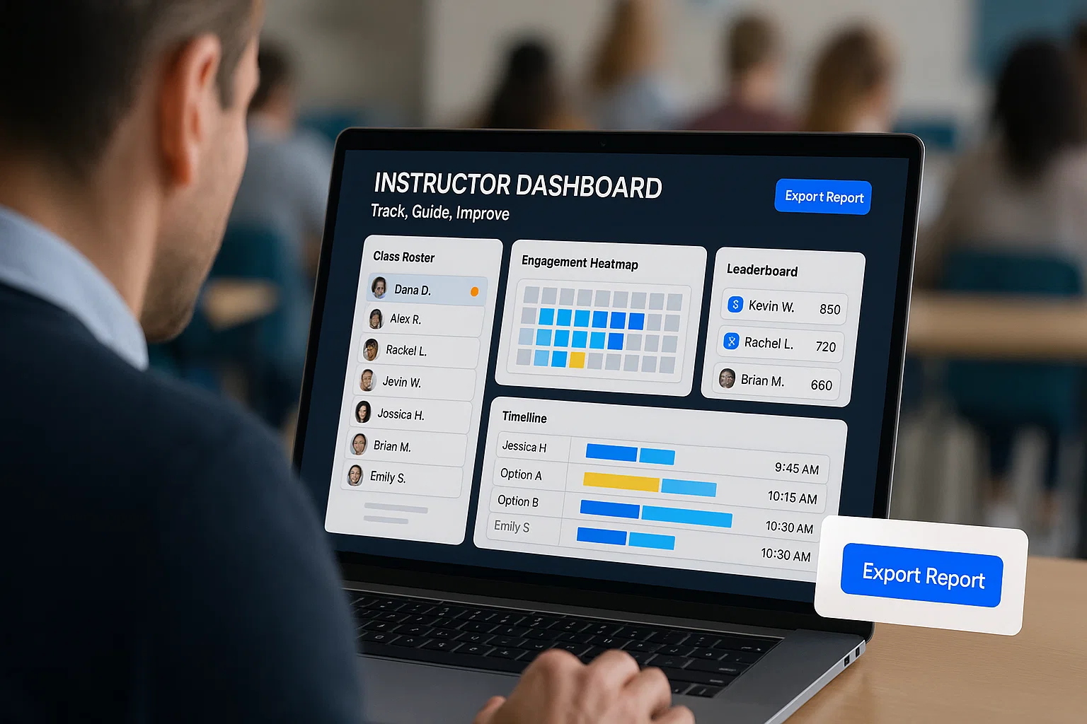 Instructor checking simulation analytics dashboard