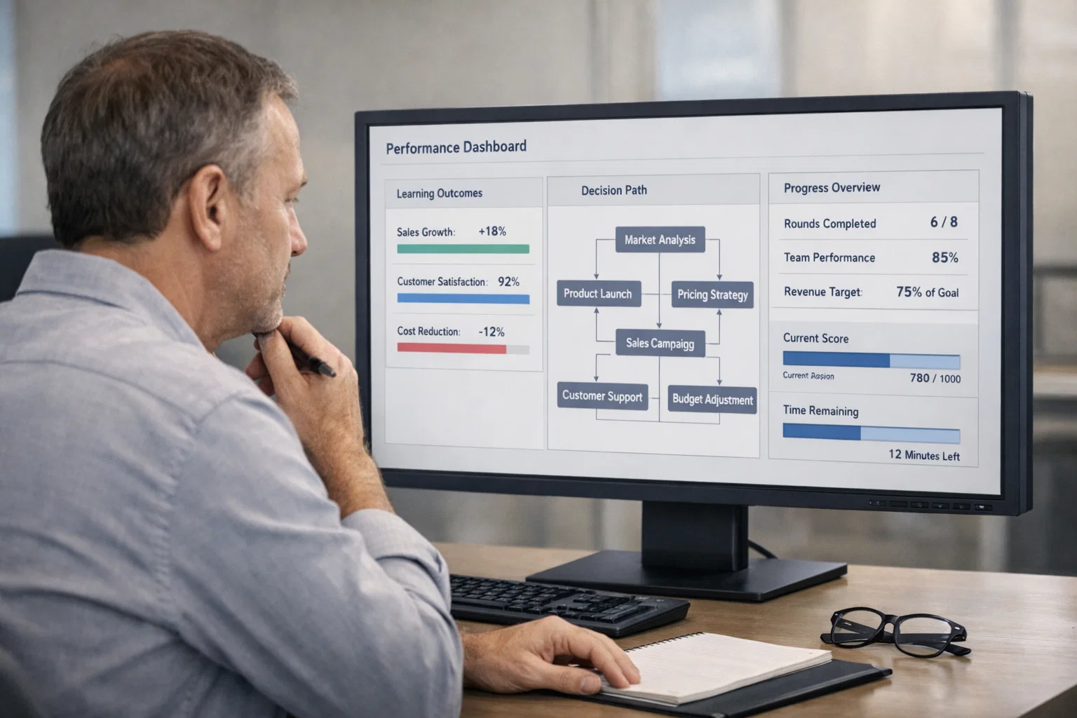 educator reviewing simulation outcomes - virtual business simulation