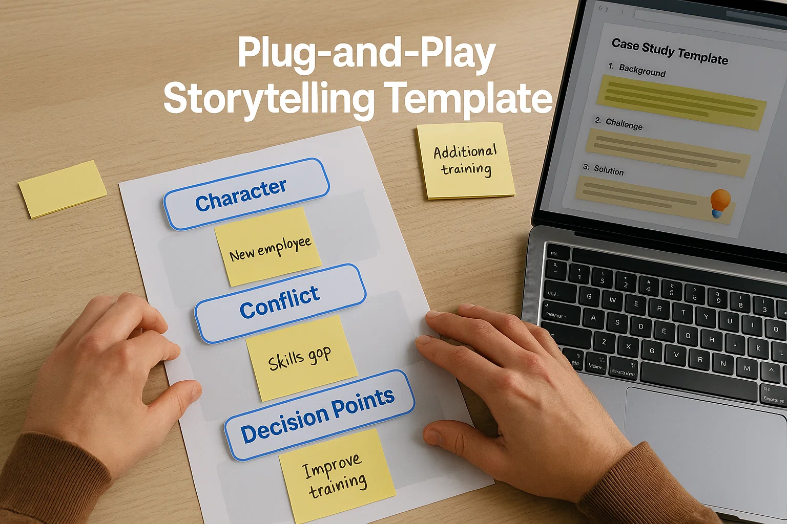 Instructor arranging storytelling template materials - case study template