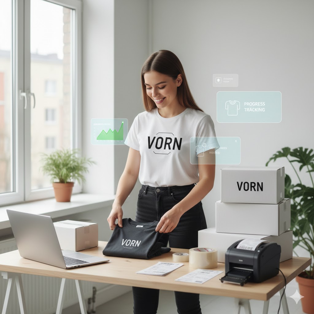 student entrepreneur packing clothing orders