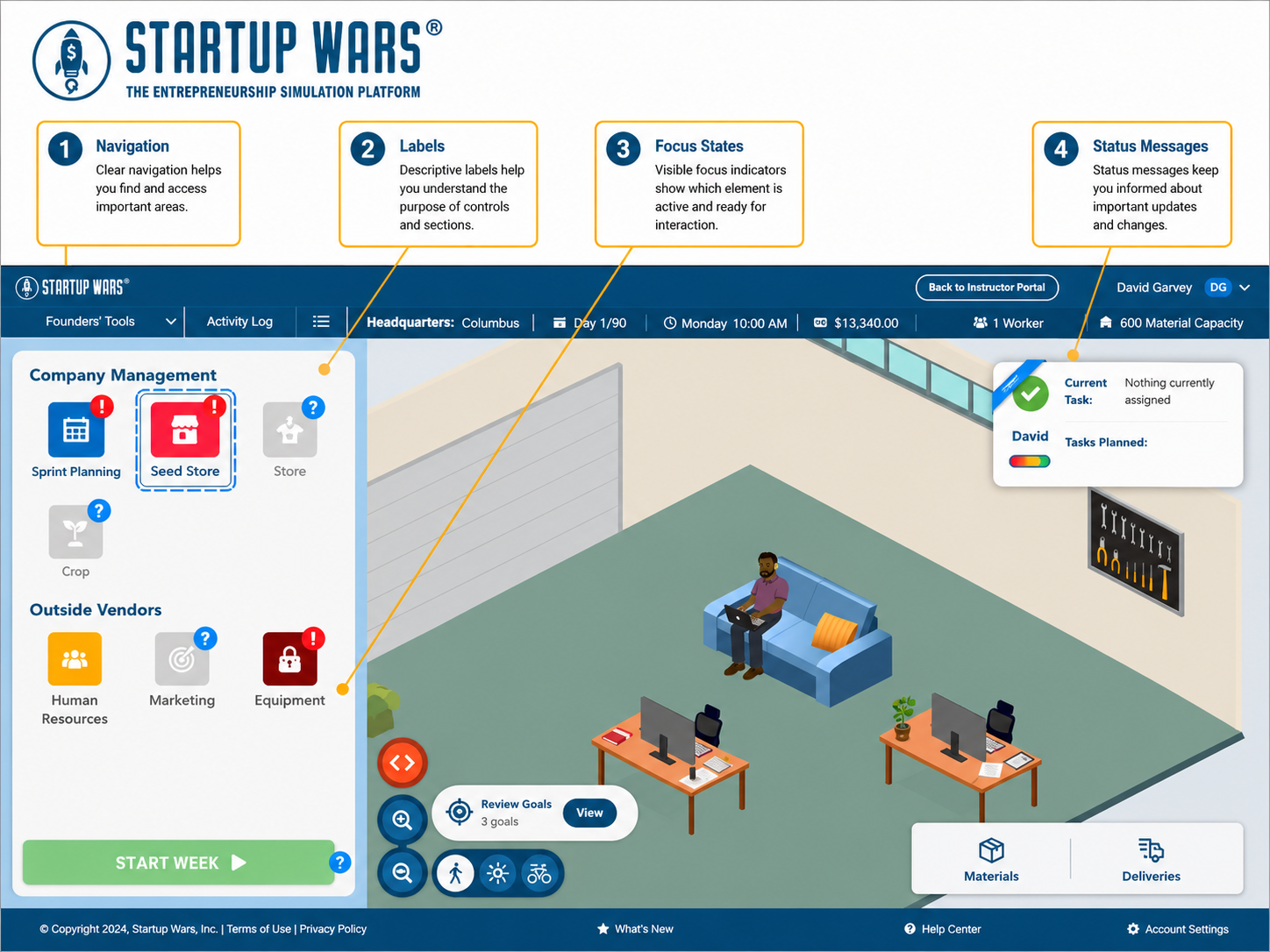 Startup Wars accessibility technology interface showing WCAG 2.1 AA compliance callouts for navigation, labels, focus states, and status messages.
