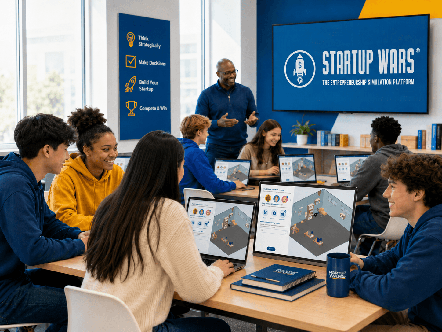 A diverse group of students work together on laptops in a bright classroom as an instructor leads an entrepreneurship activity using the Startup Wars simulation platform, shown on a large display at the front of the room. They're about to review wcag-2-1-aa-compliance of the platform