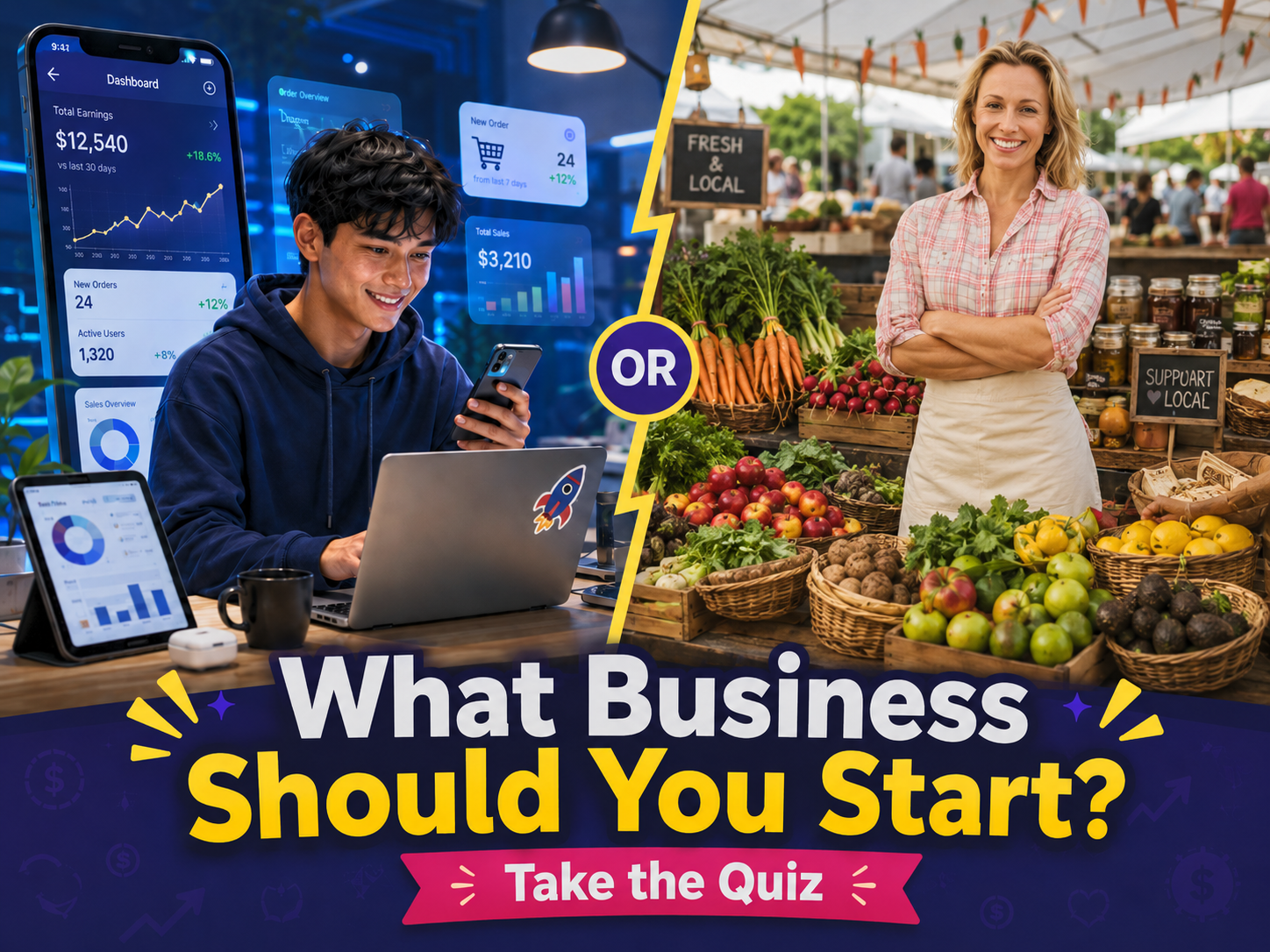 Split-view quiz image showing a digital tech business on one side and a local market business on the other, with the title “What Business Should You Start?”