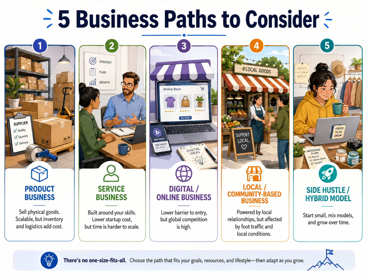 What business should I start quiz infographic showing five business paths: product, service, digital, local, and side hustle models.