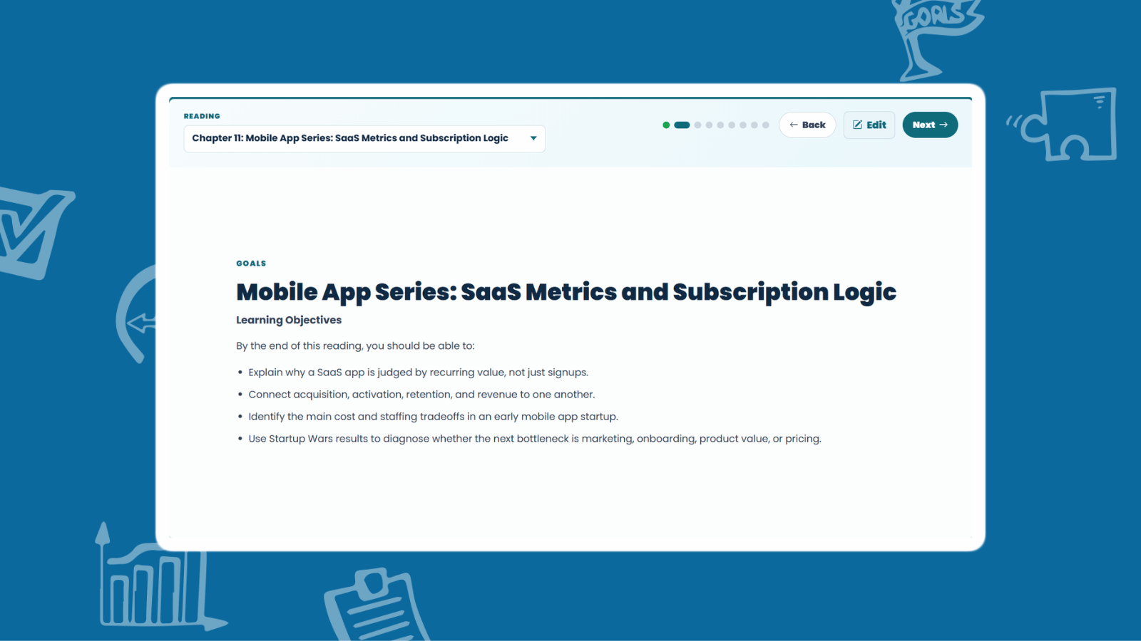 Startup Wars V2 guided lesson showing learning objectives for SaaS metrics, customer retention, revenue, pricing, and mobile app operations.